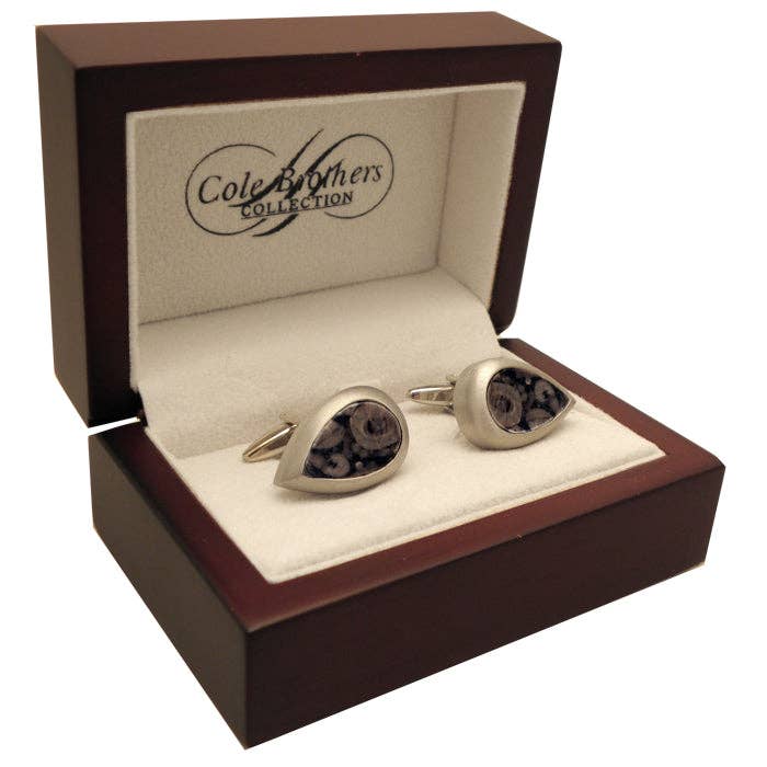 Teardrop cufflinks with rhodium finish and ancient fossils