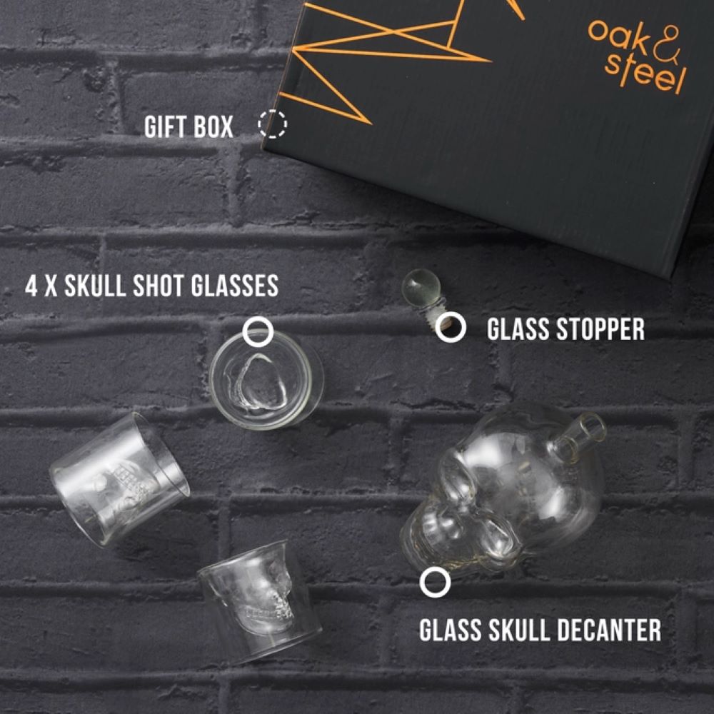 Oak & Steel - Skull Whisky Decanter Set - Carafe + 6 Shot Glass
