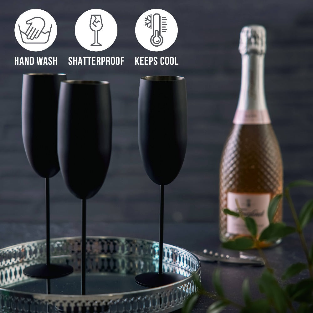 Oak & Steel - 4 Matte Black Champagne Flutes