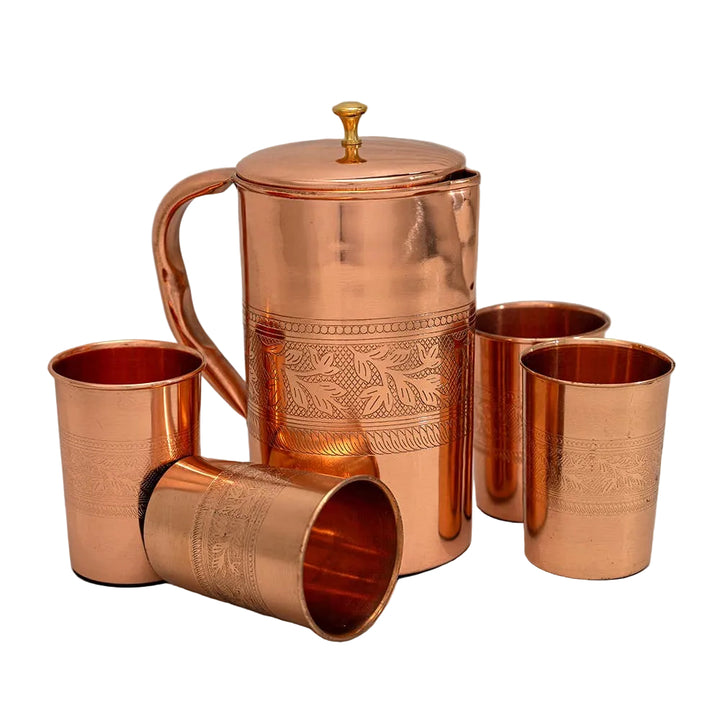 Ren kopparset: Kanna (±1,5 l) + 4 muggar med blomkant