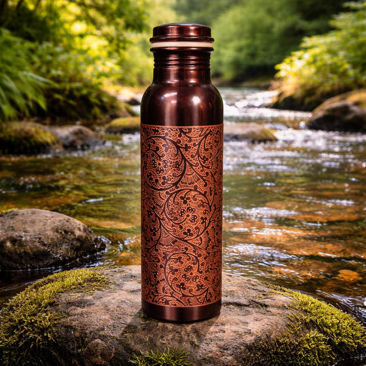 Pure copper water bottle, antique, engraved ± 750 ml (heavy
