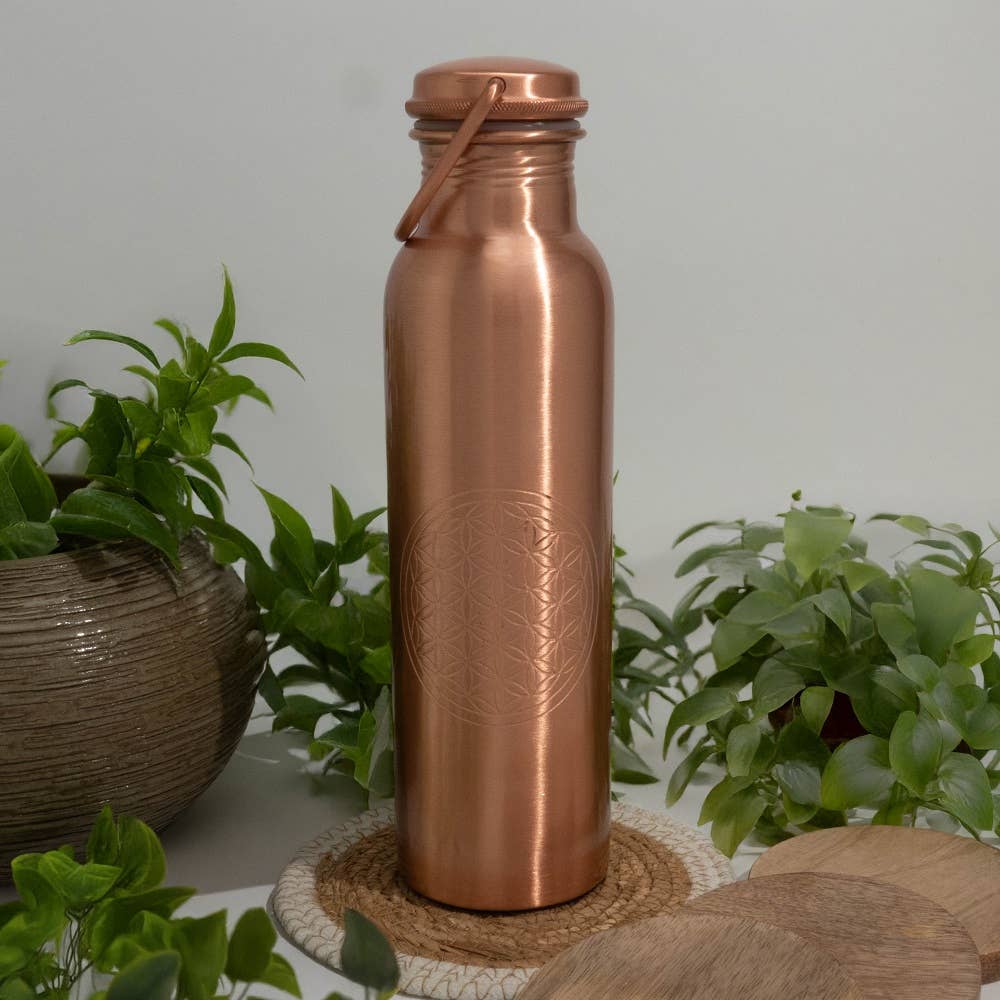 Ren kobber vandflaske flower of life med håndtag ± 950 ml