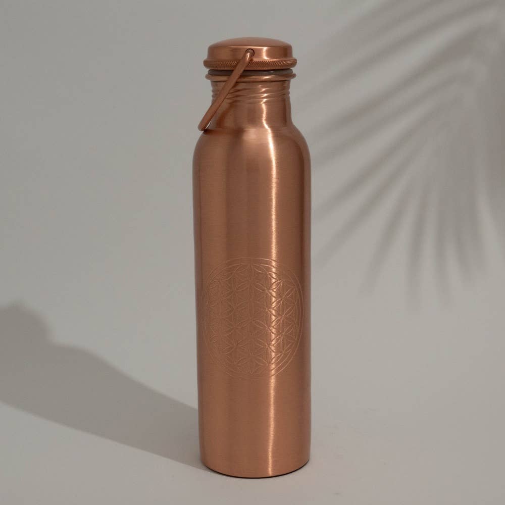 Ren kobber vandflaske flower of life med håndtag ± 950 ml