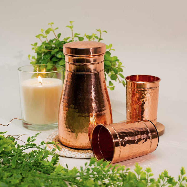 Pure copper carafe set with 2 hammered cups + jug 950 ml