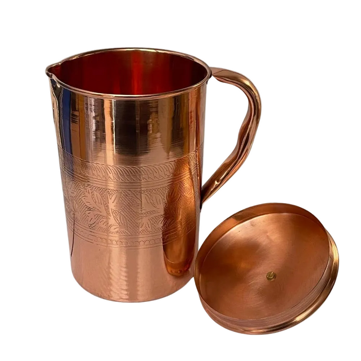 Pure copper jug with flower rim and lid ± 2 litres