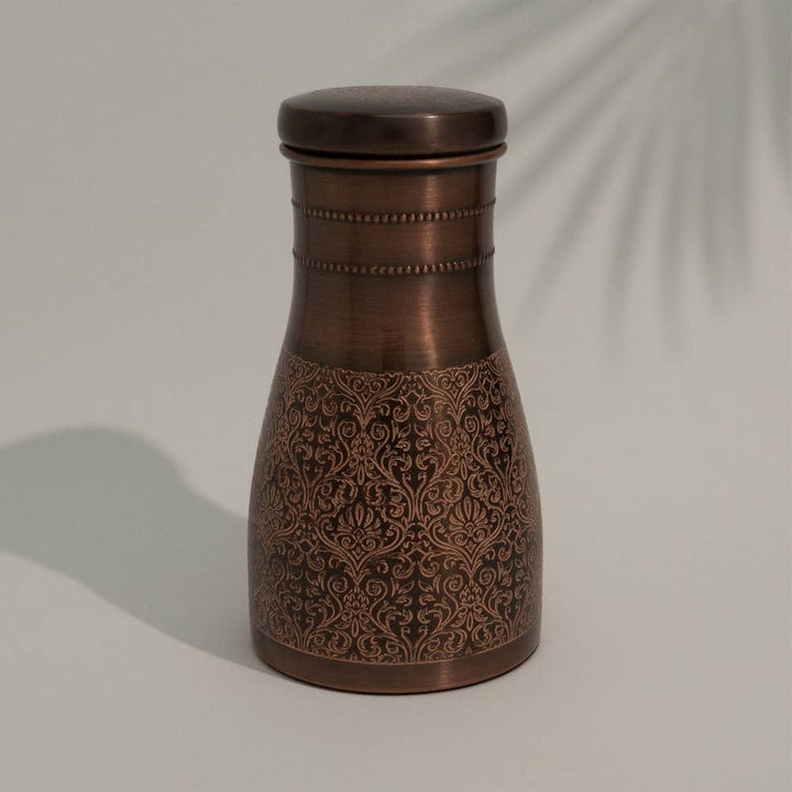 Pure copper decanter antique etched with lid ± 950 ml jug