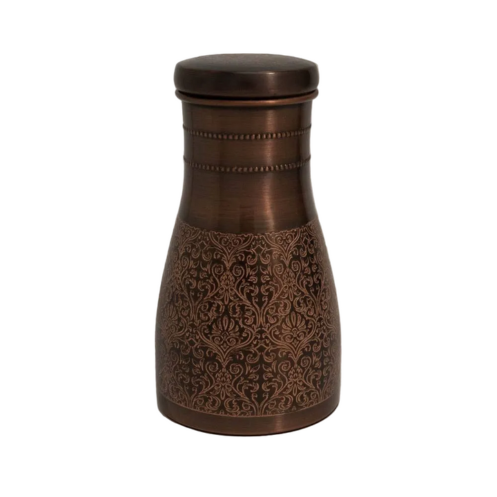 Pure copper decanter antique etched with lid ± 950 ml jug