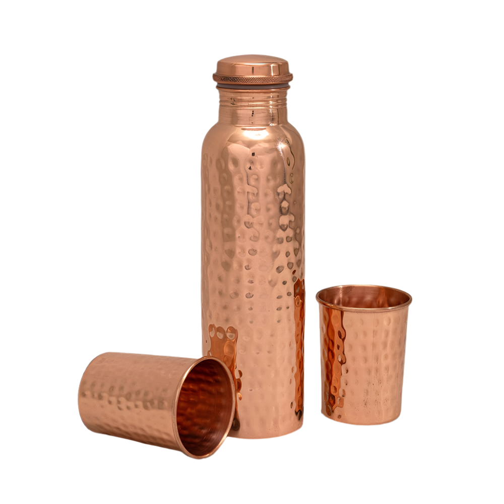 Ren Kobbersæt: Flaske (1 l) + 2 Bægre (300 ml) Hamret - Bartender Gear fra Ayurveda Specialist B.V. hos The Prince Webshop
