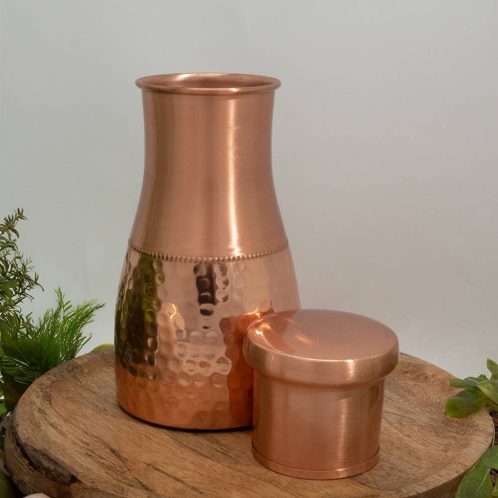 Pure copper decanter half hammered with lid ± 950 ml jug