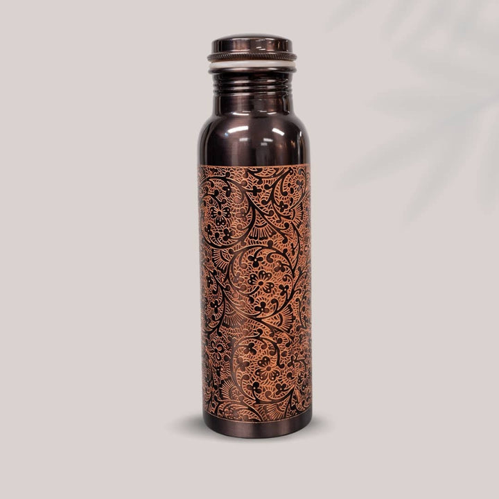 Pure copper water bottle, antique, engraved ± 750 ml (heavy