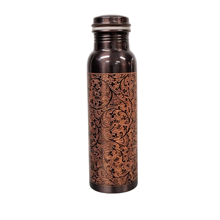 Pure copper water bottle, antique, engraved ± 750 ml (heavy