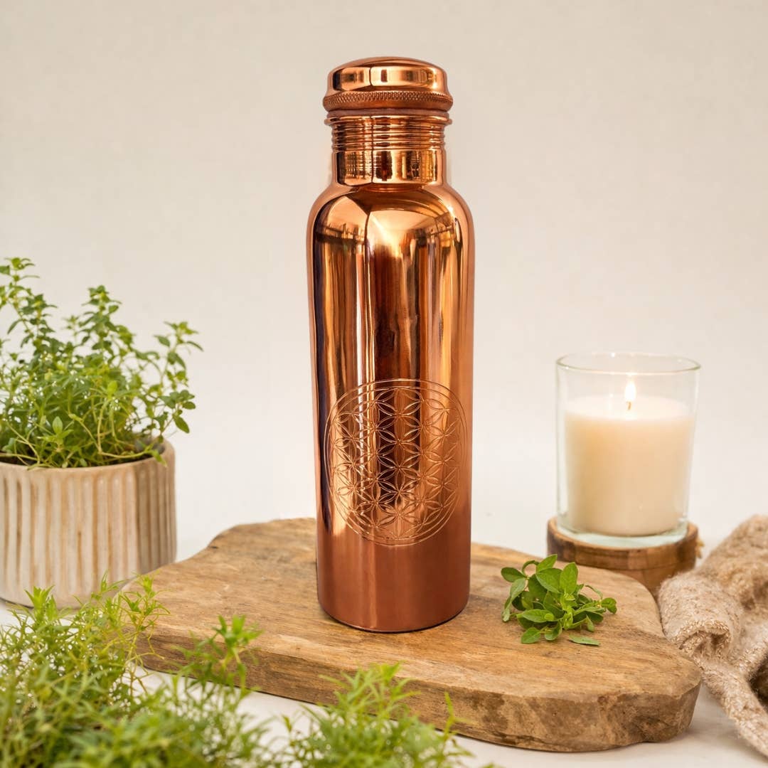 Pure polished copper water bottle Flower of Life - 1 liter
