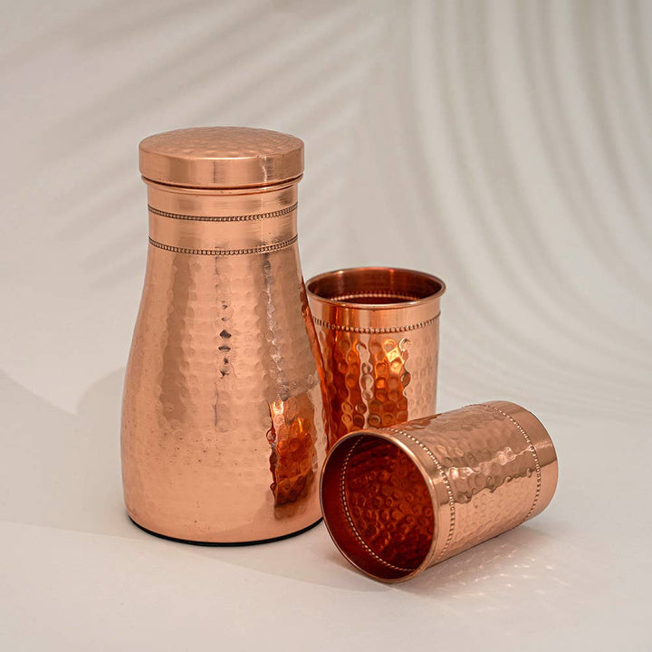Pure copper carafe set with 2 hammered cups + jug 950 ml