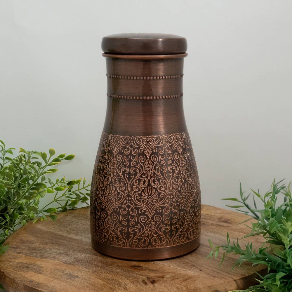 Pure copper decanter antique etched with lid ± 950 ml jug