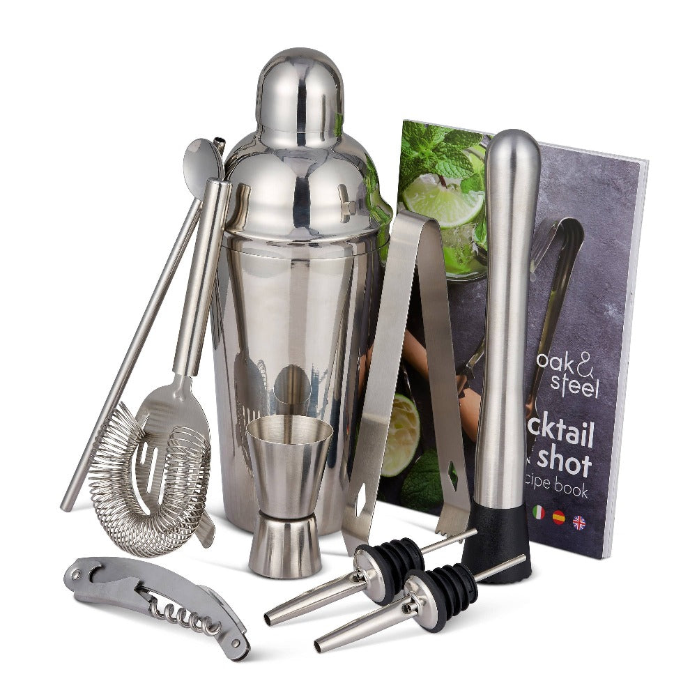 Oak & Steel - 10 Pcs Stainless Steel Cocktail Making Shaker Mixer - Bar Sæt fra Oak & Steel hos The Prince Webshop