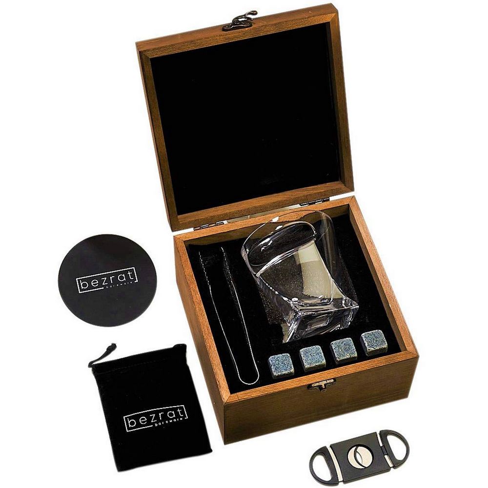 WHISKY ROCK BOX med Cigarholder Glas, Sten, Tang og Cigarklipper - Whiskey Glas fra Bezrat Barware USA hos The Prince Webshop