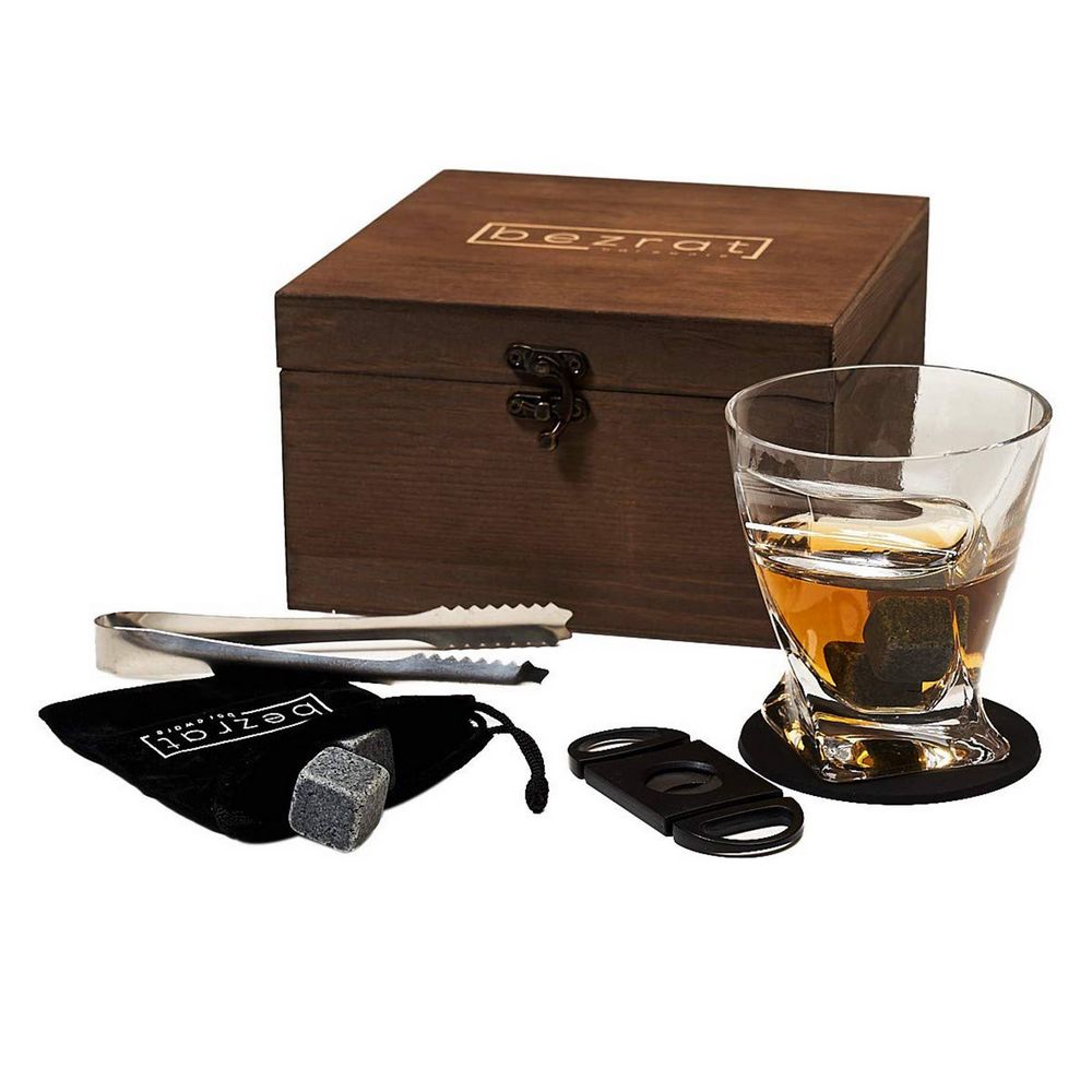 WHISKY ROCK BOX med Cigarholder Glas, Sten, Tang og Cigarklipper - Whiskey Glas fra Bezrat Barware USA hos The Prince Webshop