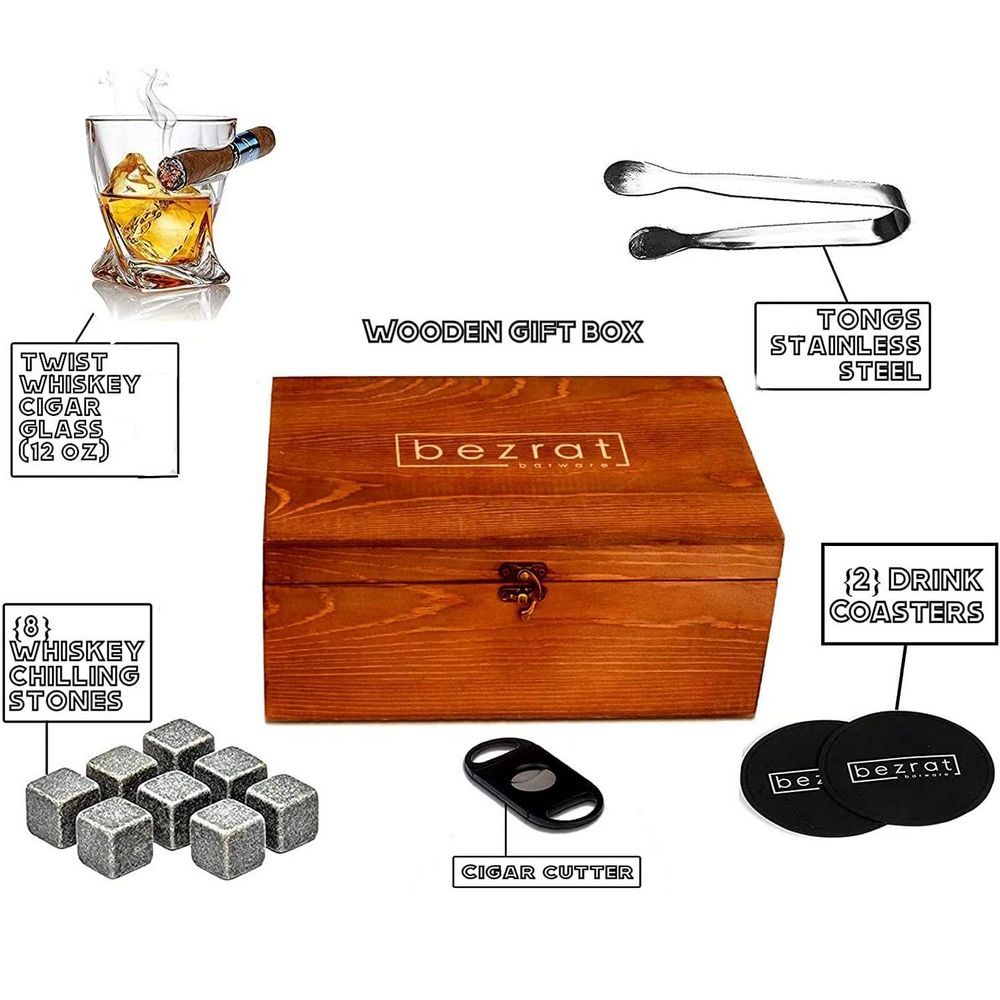 WHISKY ROCK BOX med Cigarholder Glas, Sten, Tang og Cigarklipper - Whiskey Glas fra Bezrat Barware USA hos The Prince Webshop