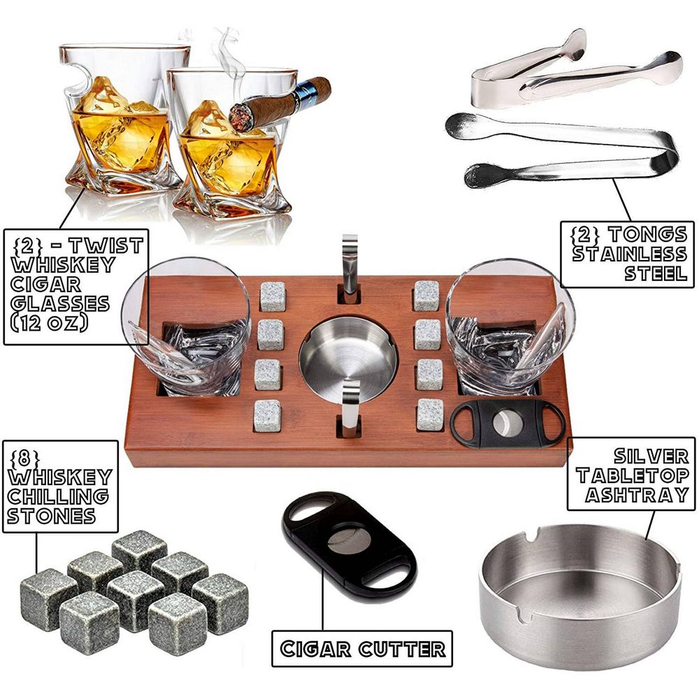 WHISKY & CIGAR STAND med Glas, Sten, Tænger & Askebæger - Whiskey Glas fra Bezrat Barware USA hos The Prince Webshop