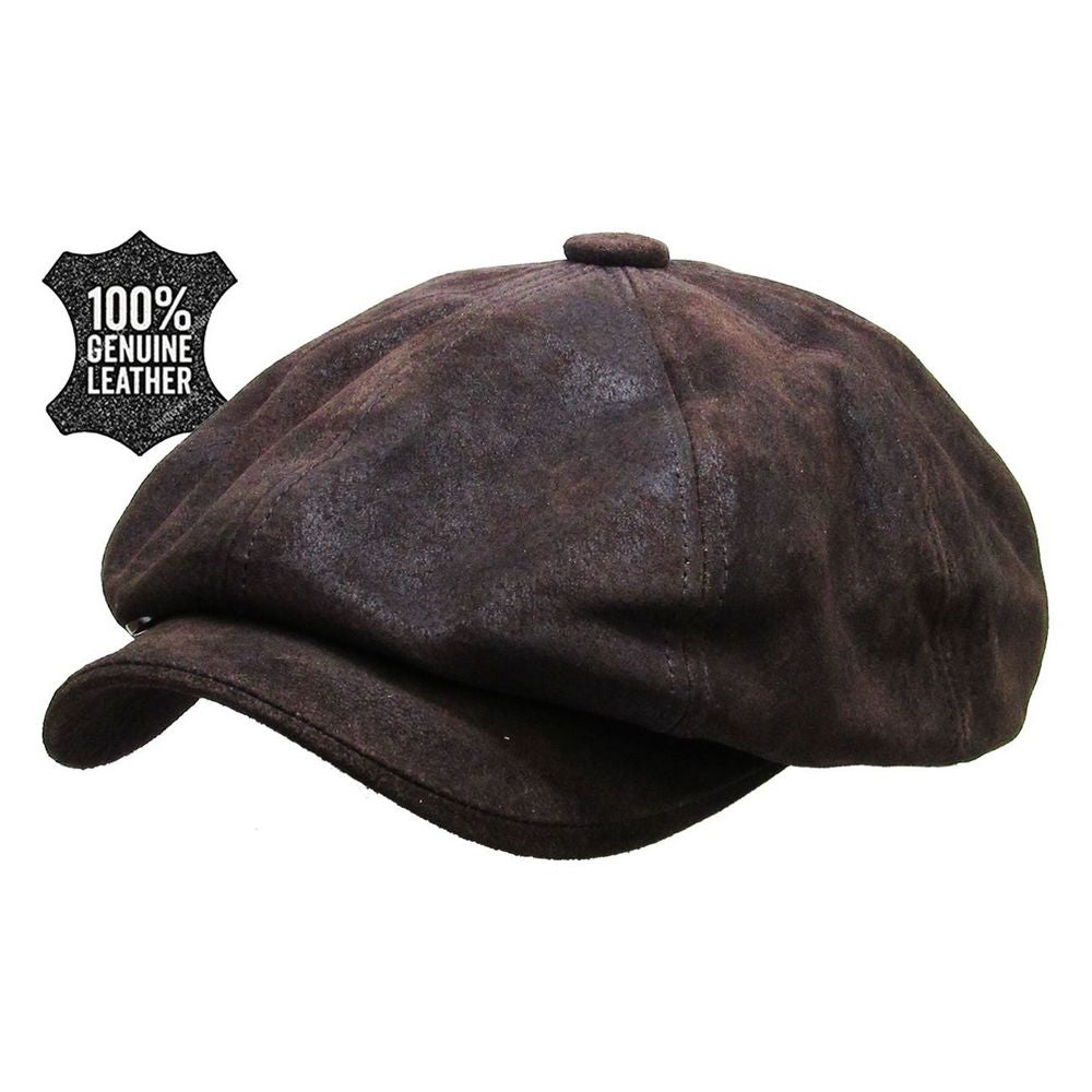 Mørkebrun Læder Newsboy Sixpence - Flat Cap fra Kim & Bae Classic Headwear hos The Prince Webshop