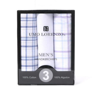 3 stk. BOX Blue Plaid, White & Lavender Lommetørklæder i 100% Bomuld - Lommetørklæde fra Umo Lorenzo hos The Prince Webshop