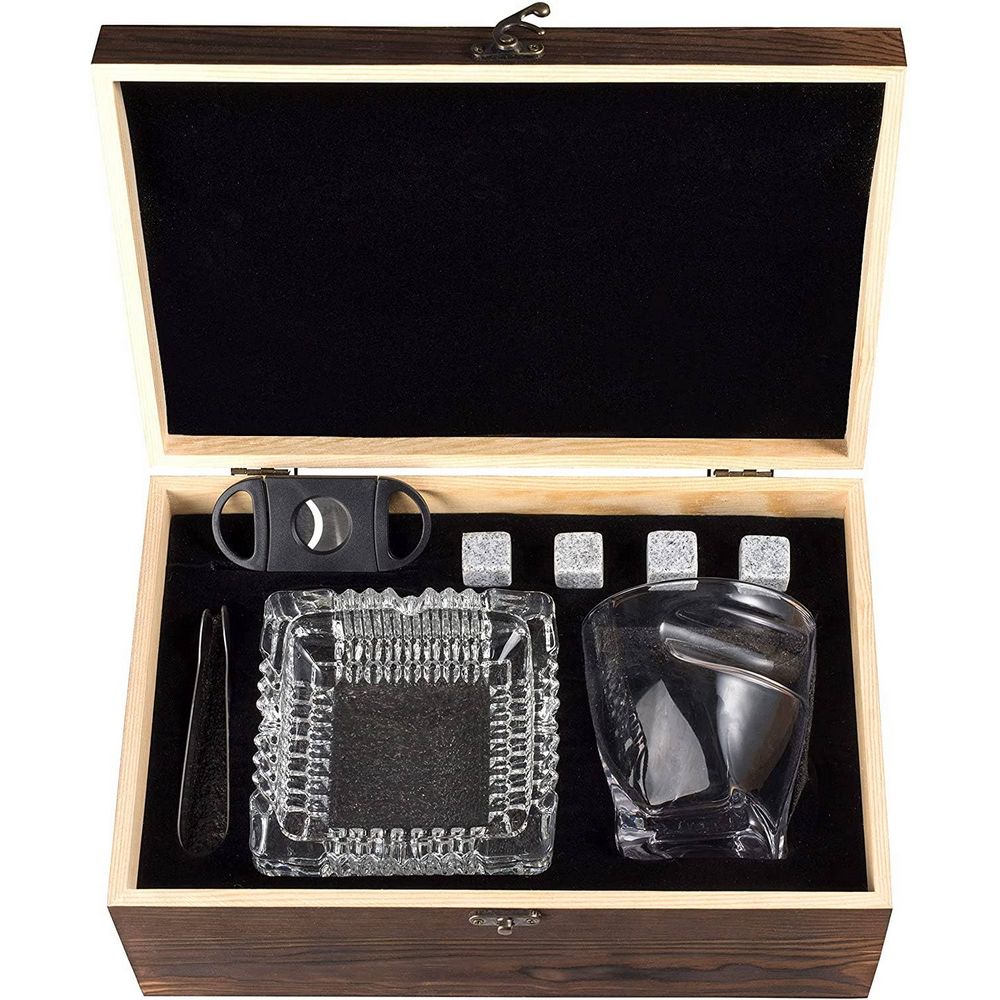 WHISKY ROCK BOX med Cigarholder Glas, Sten, Tang, Cigar Klipper & Askebæger - Whiskey Glas fra Bezrat Barware USA hos The Prince Webshop