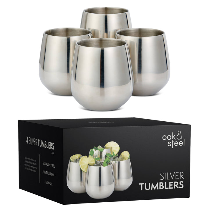 Oak & Steel - 4 Silver Tumblers with Straws -  fra Oak & Steel hos The Prince Webshop