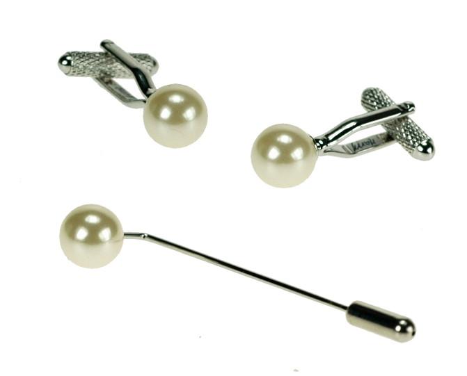 Manchetknapper & Cravat Pin - Pearl Faux - Gavesæt fra Onyx Art of London hos The Prince Webshop